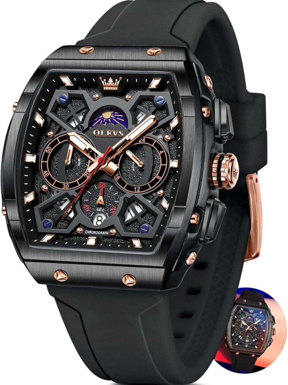 Luxury Men's Chronograph Watch, Waterproof Silicon Strap, Large Face Fashion